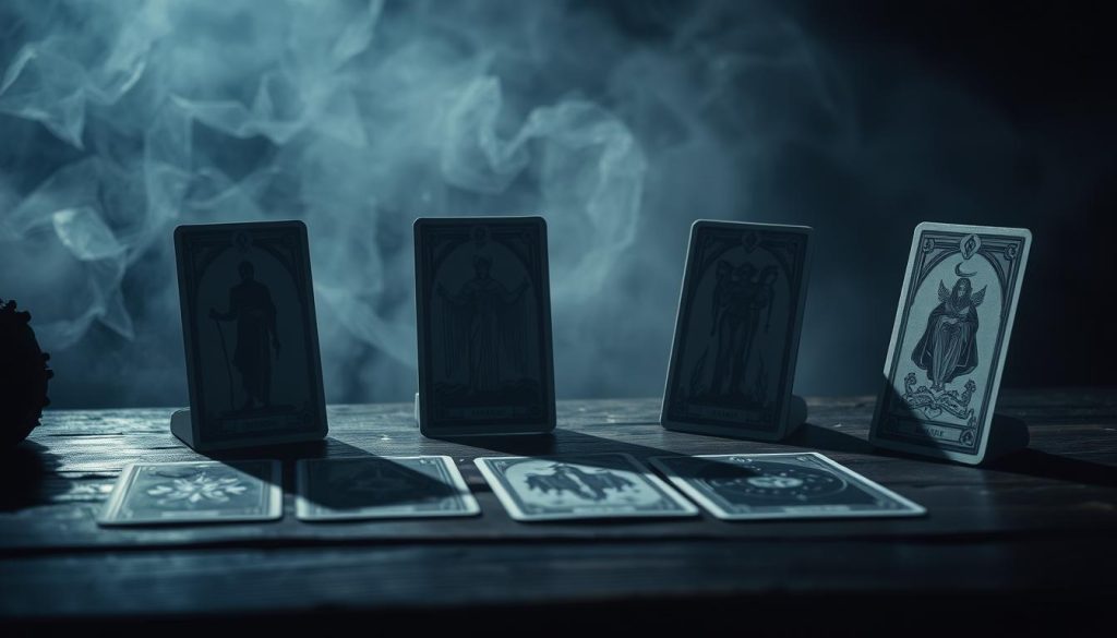 A dimly lit mystical scene depicting a collection of Tarot cards arranged on a dark wooden table. The cards are shown in their reversed positions, casting an ominous and foreboding atmosphere. Intricate details of the card illustrations are visible, hinting at their hidden meanings and interpretations. Soft, dramatic lighting casts long shadows, creating a sense of depth and drama. The background is shrouded in a hazy, atmospheric mist, adding to the air of mystery and the unknown. The overall composition conveys a sense of contemplation and the profound significance of understanding the meanings of reversed Tarot cards.