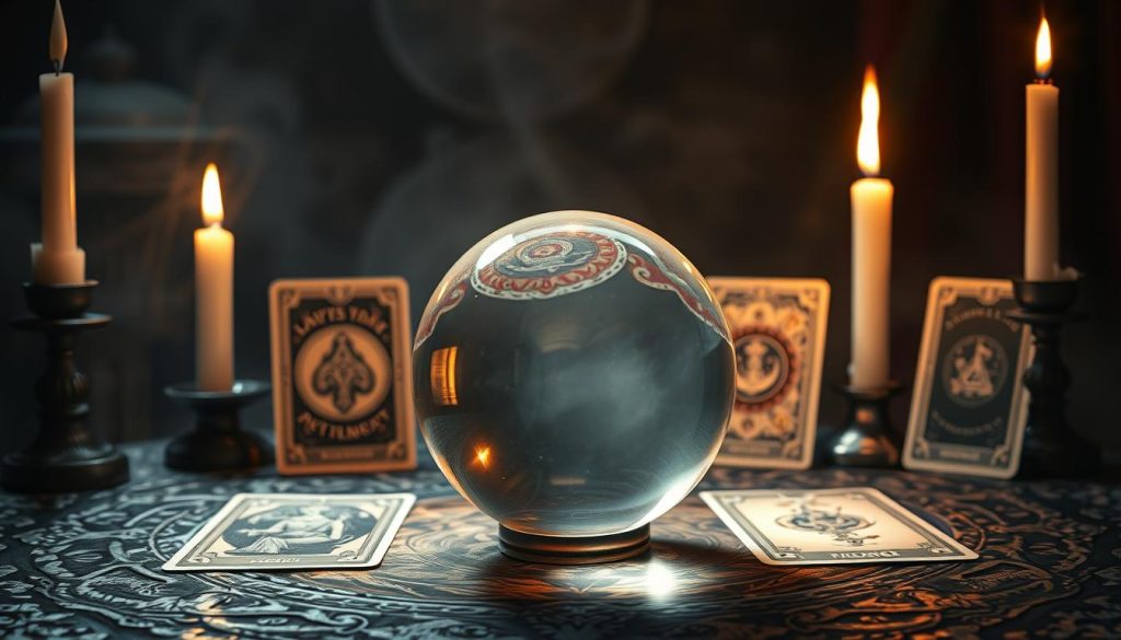 A dimly lit, ornate table top sets the scene for an online tarot reading. Elegant tarot cards, their intricate designs illuminated by soft, warm lighting, are arranged in a mystical layout. A crystal ball sits in the foreground, its surface reflecting the flickering candlelight. The background is hazy, creating an atmospheric, otherworldly ambiance. The overall mood is one of mystery, divination, and the promise of revealing the unknown. A sense of anticipation and discovery permeates the scene, inviting the viewer to step into this virtual realm of tarot and explore the possibilities of their future.