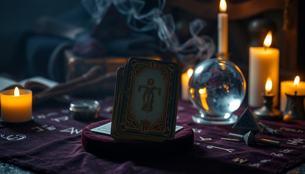 A dimly lit, ornate tarot card deck floats in the foreground, its gilded edges catching the soft, warm glow of candles in the background. The deck is presented on a velvet-covered table, surrounded by esoteric symbols and mystical objects - a crystal ball, a burning incense stick, and a scattering of runes. The scene evokes an atmosphere of contemplation and divination, hinting at the ancient wisdom and occult traditions associated with the Tarot Toth system. The lighting is atmospheric, with shadows casting a sense of mystery and intrigue. The composition is balanced, drawing the viewer's eye to the central tarot deck, the focal point of this esoteric and alluring tableau.