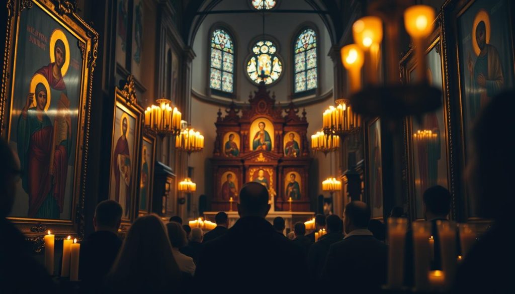 A dimly lit Orthodox cathedral interior, illuminated by the warm glow of candles and the soft light filtering through stained glass windows. In the foreground, a collection of intricately detailed Orthodox icons adorning the walls, their traditional gold leaf and vibrant colors casting a reverent atmosphere. In the middle ground, worshippers stand in silent contemplation, their faces cast in shadow. In the background, the ornate altar and iconostasis rise up, adding to the sense of sacred, timeless solemnity. The scene is captured with a wide-angle lens, emphasizing the grand scale and grandeur of the space, while a slight blur on the periphery draws the eye to the central focus of the icons. The overall mood is one of reverence, history, and the enduring spiritual traditions of the Eastern Orthodox faith on this November day. A dimly lit Orthodox cathedral interior, illuminated by the warm glow of candles and the soft light filtering through stained glass windows. In the foreground, a collection of intricately detailed Orthodox icons adorning the walls, their traditional gold leaf and vibrant colors casting a reverent atmosphere. In the middle ground, worshippers stand in silent contemplation, their faces cast in shadow. In the background, the ornate altar and iconostasis rise up, adding to the sense of sacred, timeless solemnity. The scene is captured with a wide-angle lens, emphasizing the grand scale and grandeur of the space, while a slight blur on the periphery draws the eye to the central focus of the icons. The overall mood is one of reverence, history, and the enduring spiritual traditions of the Eastern Orthodox faith on this November day.