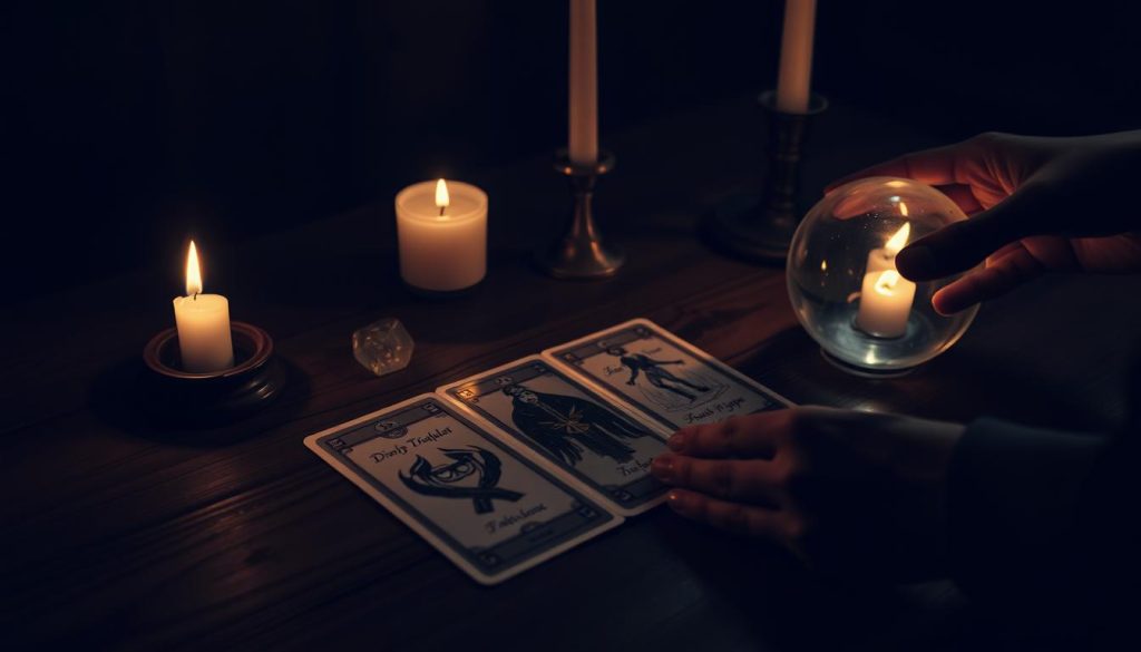 A dimly lit room, a mysterious atmosphere. On a wooden table, a tarot card deck lies open, its intricate designs casting shadows. Candles flicker, creating a warm, intimate setting. A crystal ball rests nearby, reflecting the flickering light. A hand reaches out, delicately selecting a card, its meaning about to be revealed. Soft, muted tones convey a sense of introspection and contemplation, as the viewer is drawn into the captivating world of online tarot divination and the exploration of the future. A dimly lit room, a mysterious atmosphere. On a wooden table, a tarot card deck lies open, its intricate designs casting shadows. Candles flicker, creating a warm, intimate setting. A crystal ball rests nearby, reflecting the flickering light. A hand reaches out, delicately selecting a card, its meaning about to be revealed. Soft, muted tones convey a sense of introspection and contemplation, as the viewer is drawn into the captivating world of online tarot divination and the exploration of the future.