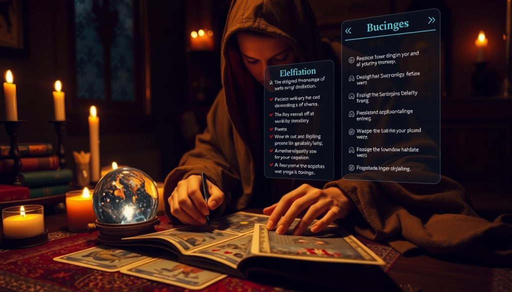 A dimly lit room, bathed in the warm glow of candles and the soft hues of a crystal ball. A tarot deck lies open, its intricate illustrations hinting at the mysteries of the universe. In the foreground, a mystical figure, draped in flowing robes, their face obscured, focuses intently on the cards, their fingers tracing the symbols with a practiced hand. Behind them, a shimmering digital interface displays an array of options for online divination, offering a modern twist on the ancient art of fortune-telling. The scene is imbued with a sense of timelessness, where the old and the new converge, creating a space for introspection and the exploration of the unseen.