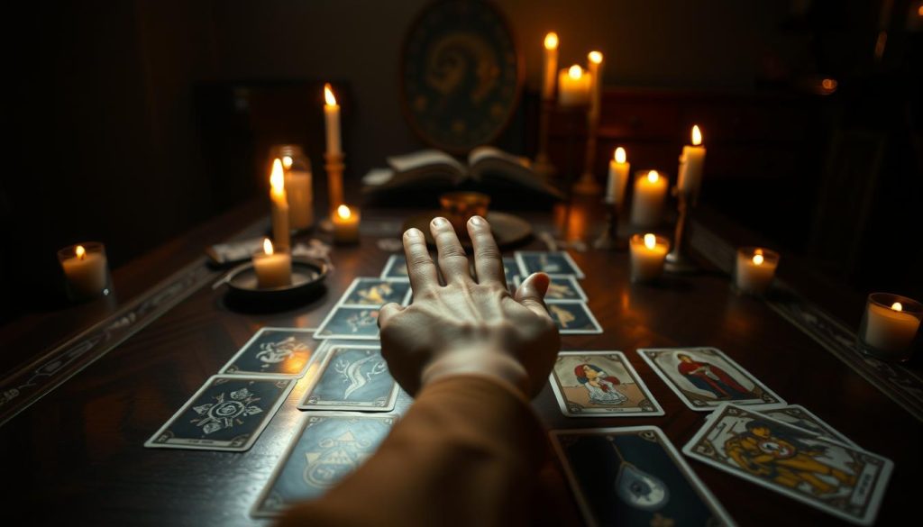 A dimly lit room, candles flickering, casting a warm glow on a mahogany table. Tarot cards are carefully arranged, their intricate designs and arcane symbols illuminated. In the center, a hand hovers over the deck, the querent's fingers poised to draw the cards that will reveal the wisdom of the past, present, and future. The air is charged with anticipation, a sense of mystery and mysticism permeating the scene. The angle is slightly elevated, capturing the reverence and ritual of the divination process. The focus is on the cards themselves, their power and significance taking center stage in this sacred space.