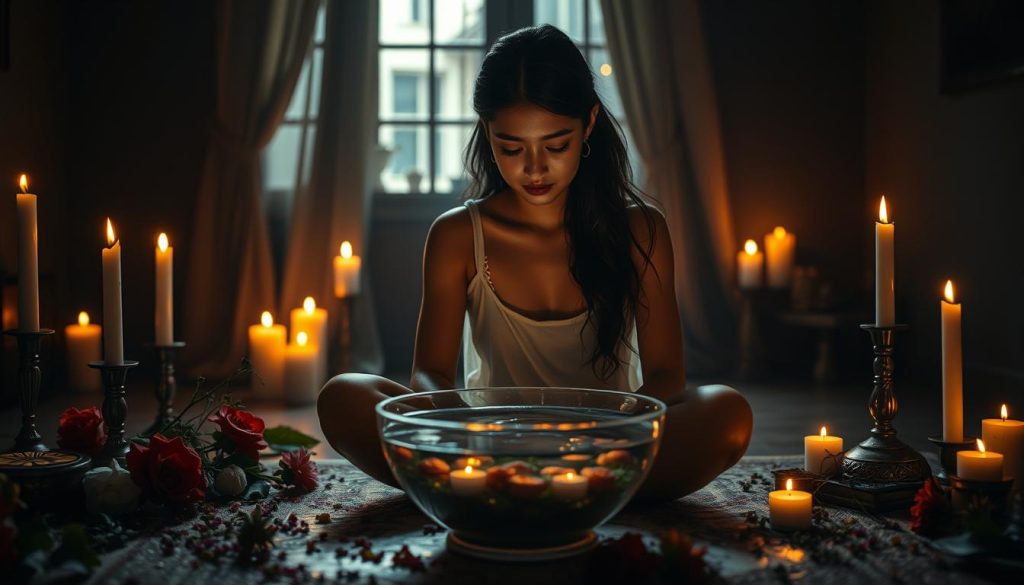 A dimly lit room, candles flickering, casting warm shadows on the walls. In the center, a young woman sits crossed-legged, her gaze fixed on a bowl of water, rippling with the reflections of the flickering flames. Flowers and herbs are strewn around her, imbuing the air with their earthy scents. The woman's brow is furrowed in concentration as she carefully performs the ancient ritual of "Andriya Gadannya", divining the future through the movements of the water. The scene is imbued with a sense of mysticism and introspection, inviting the viewer to join in the contemplation of the unseen forces that guide our lives. A dimly lit room, candles flickering, casting warm shadows on the walls. In the center, a young woman sits crossed-legged, her gaze fixed on a bowl of water, rippling with the reflections of the flickering flames. Flowers and herbs are strewn around her, imbuing the air with their earthy scents. The woman's brow is furrowed in concentration as she carefully performs the ancient ritual of "Andriya Gadannya", divining the future through the movements of the water. The scene is imbued with a sense of mysticism and introspection, inviting the viewer to join in the contemplation of the unseen forces that guide our lives.