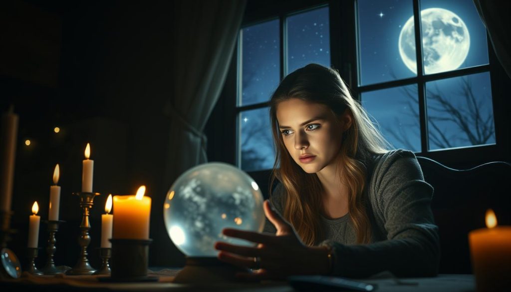 A dimly lit room, candles flickering in the shadows, casting a warm glow on a young woman sitting at a table, gazing intently into a crystal ball. The air is thick with anticipation, the atmosphere charged with the energy of the night of St. Andrew's. In the background, a window reveals a starry sky, the moon's pale light filtering through, adding an ethereal quality to the scene. The woman's face is a study in concentration, her brow furrowed as she seeks to uncover the secrets of the future. This is the night of divination, a time-honored tradition steeped in Ukrainian folklore and mysticism. A dimly lit room, candles flickering in the shadows, casting a warm glow on a young woman sitting at a table, gazing intently into a crystal ball. The air is thick with anticipation, the atmosphere charged with the energy of the night of St. Andrew's. In the background, a window reveals a starry sky, the moon's pale light filtering through, adding an ethereal quality to the scene. The woman's face is a study in concentration, her brow furrowed as she seeks to uncover the secrets of the future. This is the night of divination, a time-honored tradition steeped in Ukrainian folklore and mysticism.