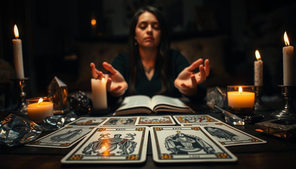 A dimly lit room, candles flickering softly, casting a warm glow. In the foreground, a tarot deck lies open, cards spread out, their arcane symbols inviting divination. Crystals and other mystical objects surround the cards, creating an atmosphere of introspection and concentration. The middle ground features a person, eyes closed, hands outstretched, focusing their energy and intention on the ritual. The background is blurred, but suggests a cozy, private space, ideal for this personal journey of self-discovery. The lighting is moody, creating shadows and highlighting the reflective surfaces of the crystals. The overall mood is one of quiet contemplation, a sacred moment of preparation for the divination to come. A dimly lit room, candles flickering softly, casting a warm glow. In the foreground, a tarot deck lies open, cards spread out, their arcane symbols inviting divination. Crystals and other mystical objects surround the cards, creating an atmosphere of introspection and concentration. The middle ground features a person, eyes closed, hands outstretched, focusing their energy and intention on the ritual. The background is blurred, but suggests a cozy, private space, ideal for this personal journey of self-discovery. The lighting is moody, creating shadows and highlighting the reflective surfaces of the crystals. The overall mood is one of quiet contemplation, a sacred moment of preparation for the divination to come.
