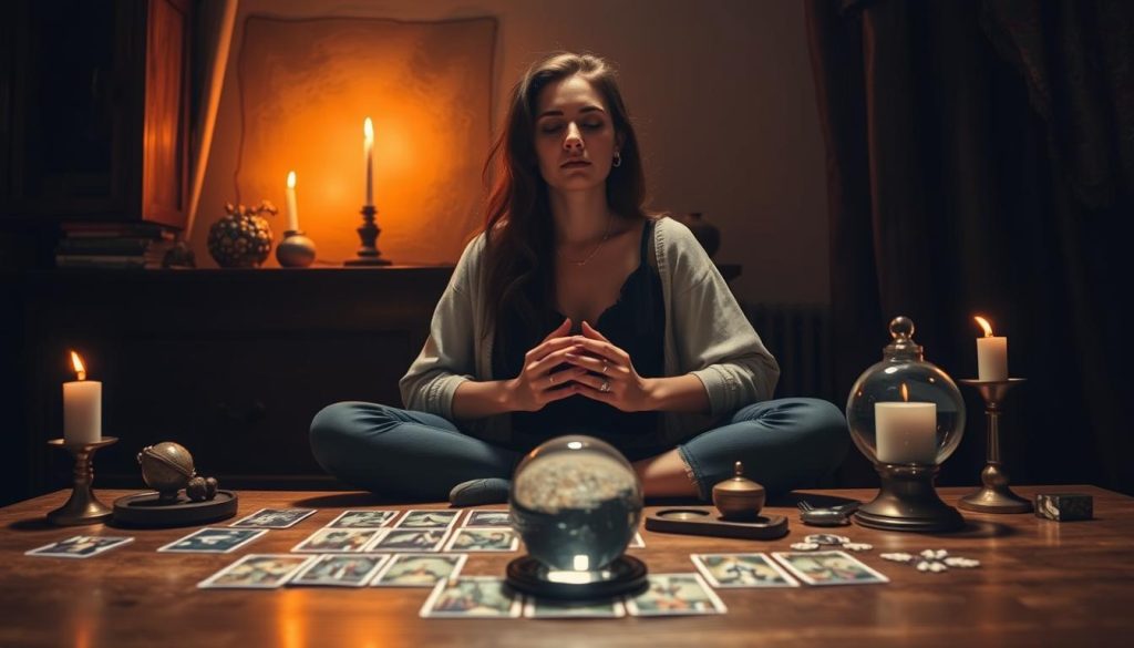 A dimly lit room, soft candlelight illuminating a wooden table. Tarot cards, a crystal ball, and other mystical artifacts are arranged with care. A person sits cross-legged, eyes closed, their hands resting gently on the cards, preparing to divine the future through the ancient art of online tarot reading. The atmosphere is serene, tinged with a sense of anticipation and the mysterious power of the occult. Warm hues and a sense of introspection set the stage for a profound, digital divination session.