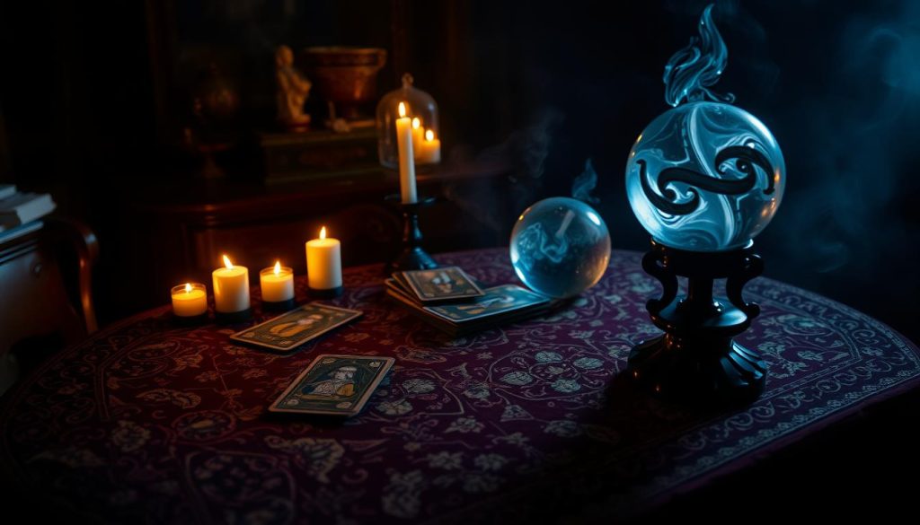 A dimly lit room, the air thick with the scent of incense. In the center, an ornate wooden table adorned with a vibrant tarot cloth, the intricate designs glowing in the soft candlelight. On the table, a deck of tarot cards rests, its worn edges hinting at countless divinations. A crystal ball sits nearby, its surface swirling with ethereal energy. The background is shrouded in a hazy, mystical atmosphere, creating an intimate, otherworldly space for a tarot reading. The focus is on the tarot cards, the crystal ball, and the inviting table, drawing the viewer into the secrets of the online tarot experience. A dimly lit room, the air thick with the scent of incense. In the center, an ornate wooden table adorned with a vibrant tarot cloth, the intricate designs glowing in the soft candlelight. On the table, a deck of tarot cards rests, its worn edges hinting at countless divinations. A crystal ball sits nearby, its surface swirling with ethereal energy. The background is shrouded in a hazy, mystical atmosphere, creating an intimate, otherworldly space for a tarot reading. The focus is on the tarot cards, the crystal ball, and the inviting table, drawing the viewer into the secrets of the online tarot experience.