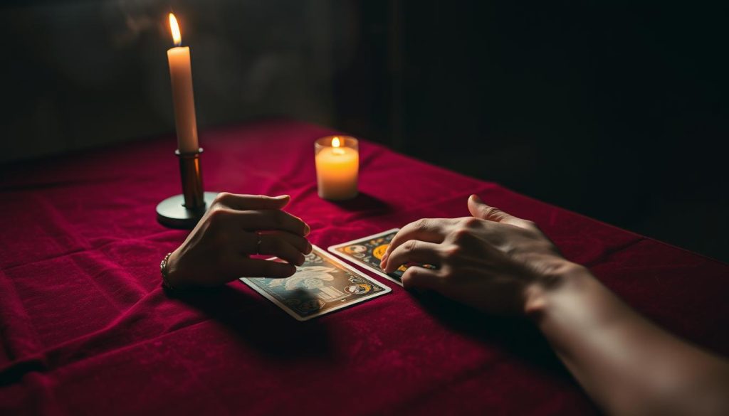 A dimly lit room with a table covered in a rich, burgundy tablecloth. On the table, an open Tarot card deck, its intricate designs reflecting the warm glow of a single candle. A mystic, pensive atmosphere pervades the scene, as a person's hands gently hover over the cards, ready to draw and interpret the insights they hold. The background is a soft, muted blur, allowing the focal point of the Tarot reading to take center stage. The lighting is subtle and moody, casting dramatic shadows and highlighting the tactile details of the cards and the table surface. An air of anticipation and discovery fills the room, as the seeker prepares to embark on a journey of self-discovery through the ancient art of Tarot divination.
