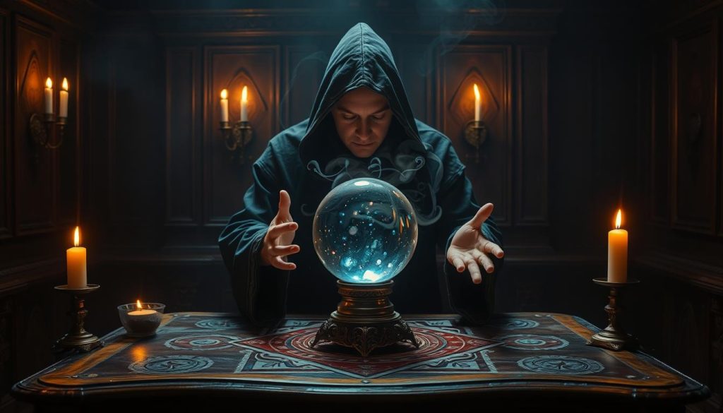 A dimly lit room with an ornate wooden table, adorned with mystical symbols and a crystal ball at its center. Flickering candlelight casts an ethereal glow, as a hooded figure leans over the table, hands outstretched, eyes closed in deep concentration. Mystical wisps of energy emanate from the crystal ball, hinting at the secrets of the future. The atmosphere is one of intrigue and anticipation, as the scene conveys the timeless allure of online divination, where the boundaries between the physical and spiritual realms blur, offering a glimpse into the unknown. A dimly lit room with an ornate wooden table, adorned with mystical symbols and a crystal ball at its center. Flickering candlelight casts an ethereal glow, as a hooded figure leans over the table, hands outstretched, eyes closed in deep concentration. Mystical wisps of energy emanate from the crystal ball, hinting at the secrets of the future. The atmosphere is one of intrigue and anticipation, as the scene conveys the timeless allure of online divination, where the boundaries between the physical and spiritual realms blur, offering a glimpse into the unknown.