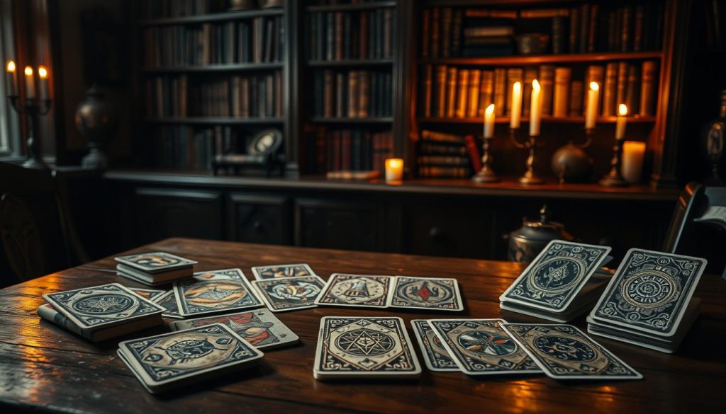 A dimly lit study, a wooden table holds an assortment of mystical tarot cards - the "колоди" or decks. The cards are ornately designed, each with intricate illustrations and symbols, exuding an aura of ancient wisdom. Soft, warm lighting casts a gentle glow, creating a contemplative atmosphere. In the background, bookshelves filled with occult tomes and candles flicker, setting the stage for a journey of divination and self-discovery. The scene invites the viewer to lean in, to explore the depths of these mysterious cards and uncover the secrets they hold, perfect for a beginner's first steps into the world of tarot reading. A dimly lit study, a wooden table holds an assortment of mystical tarot cards - the "колоди" or decks. The cards are ornately designed, each with intricate illustrations and symbols, exuding an aura of ancient wisdom. Soft, warm lighting casts a gentle glow, creating a contemplative atmosphere. In the background, bookshelves filled with occult tomes and candles flicker, setting the stage for a journey of divination and self-discovery. The scene invites the viewer to lean in, to explore the depths of these mysterious cards and uncover the secrets they hold, perfect for a beginner's first steps into the world of tarot reading.