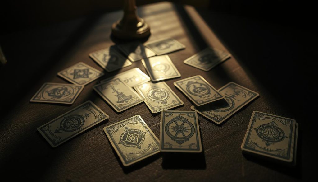 A dimly lit table, the surface adorned with an array of mystical tarot cards, their intricate designs casting shadows across the surface. The cards are arranged in a strategic layout, suggesting a complex "conversation" between them. Soft, warm lighting illuminates the scene, creating an atmosphere of contemplation and insight. The cards appear to be well-worn, hinting at the wisdom they hold. The camera angle is slightly elevated, allowing the viewer to observe the delicate interplay of the cards, as if they are privy to a private, sacred ritual. A dimly lit table, the surface adorned with an array of mystical tarot cards, their intricate designs casting shadows across the surface. The cards are arranged in a strategic layout, suggesting a complex "conversation" between them. Soft, warm lighting illuminates the scene, creating an atmosphere of contemplation and insight. The cards appear to be well-worn, hinting at the wisdom they hold. The camera angle is slightly elevated, allowing the viewer to observe the delicate interplay of the cards, as if they are privy to a private, sacred ritual.