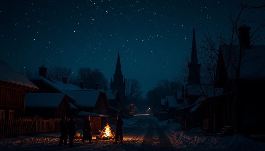 A dimly lit village street in the Ukrainian countryside, on a cold winter's night. The sky is filled with twinkling stars, casting a soft glow over the snow-covered rooftops. In the foreground, a group of villagers gather around a bonfire, their faces illuminated by the flickering flames. In the distance, the silhouette of a church steeple can be seen, its bell tower casting long shadows across the scene. The atmosphere is one of anticipation and mystery, as the villagers prepare for the ancient rituals of Andrii's Eve. A sense of timelessness and tradition pervades the night, as the villagers come together to honor the turning of the seasons and the arrival of the winter solstice. A dimly lit village street in the Ukrainian countryside, on a cold winter's night. The sky is filled with twinkling stars, casting a soft glow over the snow-covered rooftops. In the foreground, a group of villagers gather around a bonfire, their faces illuminated by the flickering flames. In the distance, the silhouette of a church steeple can be seen, its bell tower casting long shadows across the scene. The atmosphere is one of anticipation and mystery, as the villagers prepare for the ancient rituals of Andrii's Eve. A sense of timelessness and tradition pervades the night, as the villagers come together to honor the turning of the seasons and the arrival of the winter solstice.