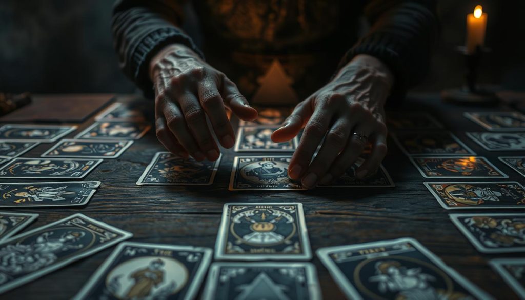A dimly lit wooden table, its surface covered in an intricate arrangement of tarot cards, each one casting a soft, ethereal glow. The cards are positioned in a precise, intentional layout, hinting at the secrets and insights they hold. The foreground is focused on the cards themselves, their rich symbolism and mystical patterns clearly visible. In the middle ground, a pair of weathered, experienced hands gently touch the cards, their gentle movements conveying a sense of reverence and connection. The background is shrouded in a hazy, atmospheric light, creating a sense of mystery and otherworldliness. The overall scene evokes a feeling of contemplation, divination, and the exploration of one's personal destiny.