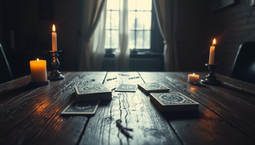 A dimly lit wooden table, the surface worn with age, serves as the stage for the ritual preparation. On it, a deck of tarot cards sits, its intricate patterns casting shadows across the table's surface. Candles flicker, their warm glow illuminating the space, creating an atmosphere of mysticism and contemplation. In the background, a window allows soft, natural light to filter in, casting a ethereal quality over the scene. The cards are carefully arranged, their edges slightly worn, hinting at the stories they hold. The space is infused with a sense of anticipation, as if the cards themselves are eager to reveal the secrets of the future.