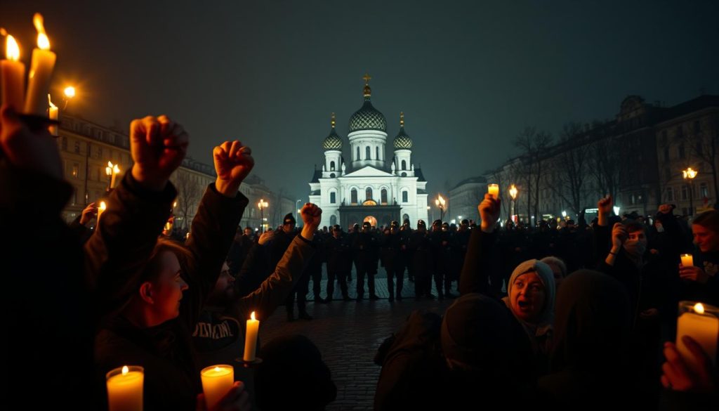 A dramatic nighttime scene of historic Ukrainian events on January 13th, illuminated by warm candlelight and flickering flames. In the foreground, a group of passionate protesters raise their fists defiantly, their faces etched with determination. In the middle ground, a line of riot police stand resolute, their shields and batons at the ready. In the distant background, the iconic onion domes of St. Sophia's Cathedral loom, casting long shadows across the cobblestone square. The air is charged with a sense of history in the making, as the people fight for their rights and freedoms. Cinematic wide-angle lens, moody chiaroscuro lighting, dramatic composition.