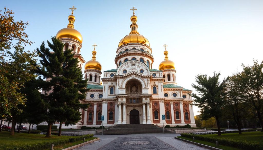 A grand cathedral of Eastern Orthodox architecture, "собор архистратига михаила" stands tall and majestic, its golden domes reflecting the warm glow of the afternoon sun. The façade is adorned with intricate carvings and mosaics, depicting scenes from biblical stories. The central dome rises majestically, its silhouette cutting a striking profile against the azure sky. The surrounding grounds are meticulously landscaped, with lush greenery and cobblestone paths leading to the ornate entrance. Inside, the cathedral's interior is a breathtaking display of Byzantine-inspired grandeur, with ornate iconostasis, ornate chandeliers, and intricate frescoes adorning the walls. The atmosphere is one of reverence and contemplation, inviting visitors to bask in the rich cultural and spiritual heritage of this iconic Ukrainian landmark.