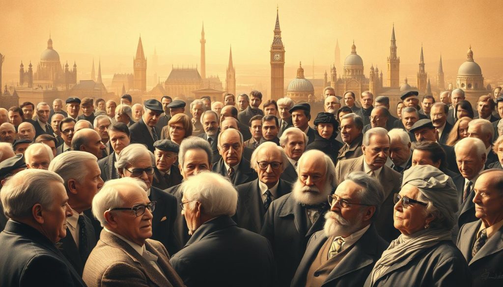 A grand gathering of distinguished figures from history, bathed in a warm, sepia-toned light. In the foreground, prominent leaders from the past converse animatedly, their expressions captured with lifelike precision. The middle ground features a diverse array of renowned artists, scientists, and cultural icons, each emanating an air of quiet contemplation. The background is a softly blurred tapestry of historical landmarks, evoking a sense of timeless grandeur. The composition is balanced and harmonious, inviting the viewer to explore the rich tapestry of human achievement on this significant date. A grand gathering of distinguished figures from history, bathed in a warm, sepia-toned light. In the foreground, prominent leaders from the past converse animatedly, their expressions captured with lifelike precision. The middle ground features a diverse array of renowned artists, scientists, and cultural icons, each emanating an air of quiet contemplation. The background is a softly blurred tapestry of historical landmarks, evoking a sense of timeless grandeur. The composition is balanced and harmonious, inviting the viewer to explore the rich tapestry of human achievement on this significant date.