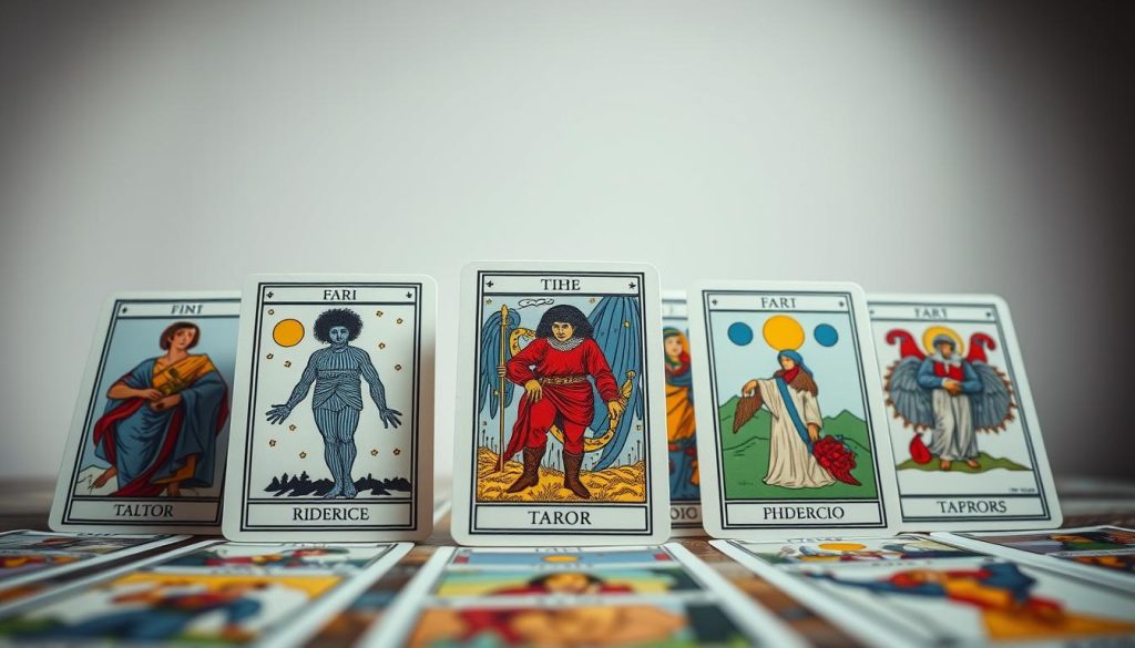 A high-quality, detailed image of the Rider-Waite tarot deck, showcasing its iconic imagery and design. The deck is displayed in the foreground, with a clean, minimalist background. The cards are arranged neatly, allowing the viewer to appreciate the intricate artwork and symbolism. The lighting is soft and diffused, highlighting the vibrant colors and textures of the cards. The composition uses a close-up perspective, emphasizing the craftsmanship and artistry of the Rider-Waite deck. The overall mood is one of reverence and appreciation for this classic tarot system.