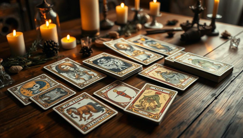 A high-quality Tarot card deck with intricate illustrations, carefully arranged on a wooden table in warm, diffused lighting. The deck is surrounded by candles, sage, and other mystical accoutrements, creating a serene, contemplative atmosphere. The camera angle is slightly elevated, capturing the deck's details and the table's surface in sharp focus, while the background is softly blurred. The overall mood is one of thoughtfulness, spirituality, and the anticipation of discovering the hidden meanings within the cards. A high-quality Tarot card deck with intricate illustrations, carefully arranged on a wooden table in warm, diffused lighting. The deck is surrounded by candles, sage, and other mystical accoutrements, creating a serene, contemplative atmosphere. The camera angle is slightly elevated, capturing the deck's details and the table's surface in sharp focus, while the background is softly blurred. The overall mood is one of thoughtfulness, spirituality, and the anticipation of discovering the hidden meanings within the cards.