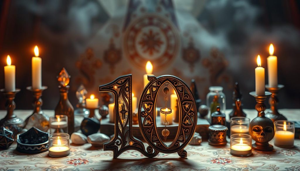 A lavishly ornamented table, adorned with a variety of talismans, crystals, and other mystical objects. Glowing candles cast a warm, ambient light, creating a serene and contemplative atmosphere. In the foreground, a detailed numeral "10" takes center stage, its intricate design shimmering with a subtle, otherworldly energy. Behind it, an assortment of talismans, each with its own unique shape and symbolic meaning, are artfully arranged, their shapes and patterns reflecting the principles of numerology and energy. The background is hazy and dreamlike, suggesting a realm of hidden knowledge and ancient wisdom. The overall composition conveys a sense of reverence and the deep connection between the physical and spiritual realms.