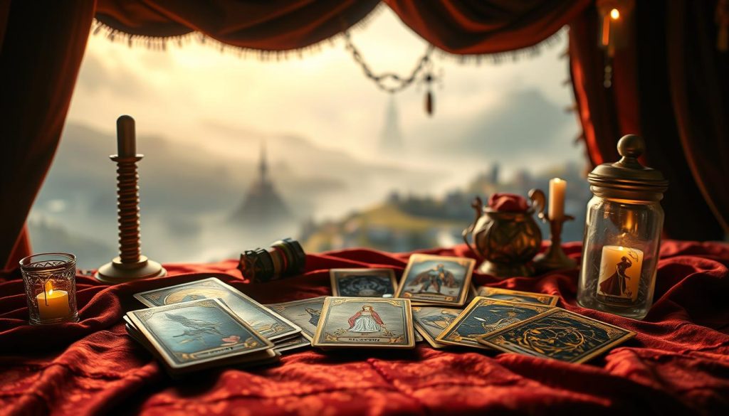 A lush, ornate display of tarot cards, illuminated by soft, warm lighting that casts a cozy, mystical atmosphere. The cards are arranged artfully on a velvet-draped table, their intricate illustrations and gilded edges catching the light. In the background, a hazy, ethereal landscape suggests a realm of dreams and divination. The composition balances classic tarot iconography with a dreamlike, fantastical interpretation, inviting the viewer to explore the boundless possibilities of these ancient, symbolic tools.