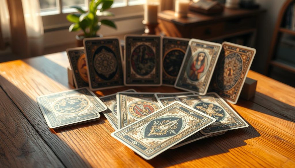 A meticulously crafted collection of Tarot cards, each a unique work of art, resting on a wooden table bathed in warm, natural lighting. The cards' ornate designs evoke a sense of mysticism and enchantment, inviting the viewer to delve into the hidden meanings and intuitive insights they hold. The cards are positioned in a visually appealing arrangement, hinting at the harmonious interplay between the deck's aesthetic and its potential for profound spiritual exploration. The overall atmosphere is one of quiet contemplation, where the viewer is drawn into the captivating world of these bespoke Tarot creations.
