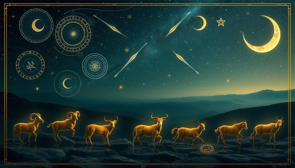A meticulously detailed astrological tableau featuring the iconic symbols of the zodiac signs, rendered in a harmonious, ethereal composition. In the foreground, the twelve zodiac icons - Aries' ram, Taurus' bull, Gemini's twins, and so on - are subtly illuminated, each emanating an otherworldly glow. The middle ground showcases celestial motifs: swirling galaxies, shooting stars, and crescent moons cast in a dreamlike chiaroscuro. In the distant background, a starry night sky stretches out, hinting at the cosmic forces that govern these mystical symbols. The overall mood is one of mysticism and wonder, inviting the viewer to ponder the hidden meanings behind these ancient astrological archetypes.