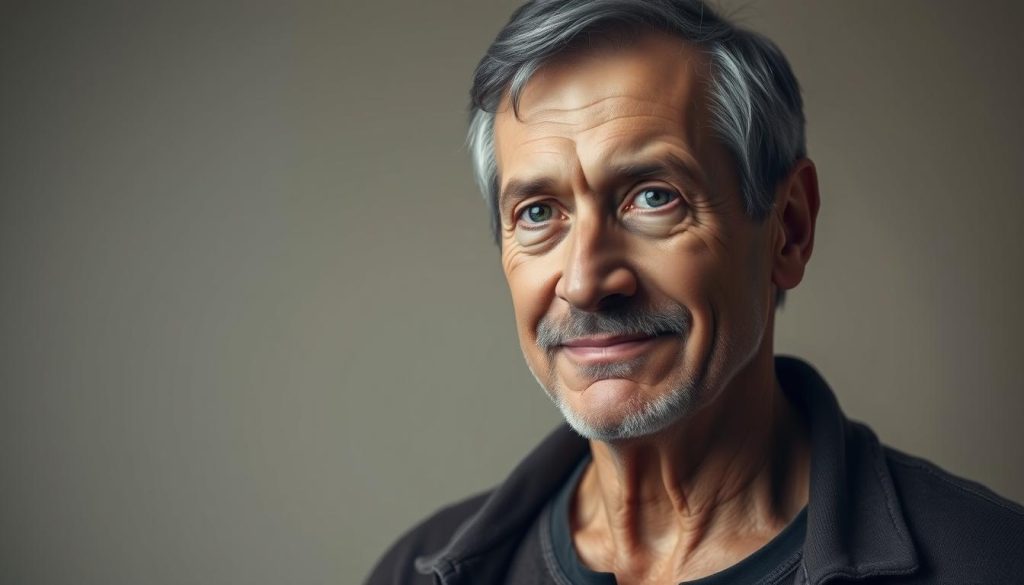 A middle-aged man, embodying the essence of Cancer zodiac sign, stands against a soft, muted background. Запаморочення archetype. height=