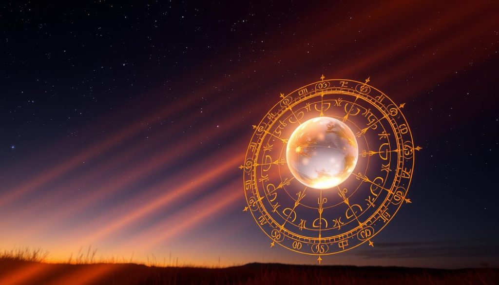 A mystic celestial landscape at dusk, with a starry night sky as the backdrop. In the foreground, an astrological wheel or zodiac symbol, rendered in ornate, glowing lines that seem to hover in the air. Shafts of warm, golden light emanate from the wheel, illuminating the scene with a sense of divination and arcane knowledge. In the middle ground, a floating crystal ball or orb, casting a soft, ethereal glow that interacts with the astrological elements. The overall atmosphere is one of mystery, wonder, and the anticipation of tomorrow's cosmic insights. A mystic celestial landscape at dusk, with a starry night sky as the backdrop. In the foreground, an astrological wheel or zodiac symbol, rendered in ornate, glowing lines that seem to hover in the air. Shafts of warm, golden light emanate from the wheel, illuminating the scene with a sense of divination and arcane knowledge. In the middle ground, a floating crystal ball or orb, casting a soft, ethereal glow that interacts with the astrological elements. The overall atmosphere is one of mystery, wonder, and the anticipation of tomorrow's cosmic insights.