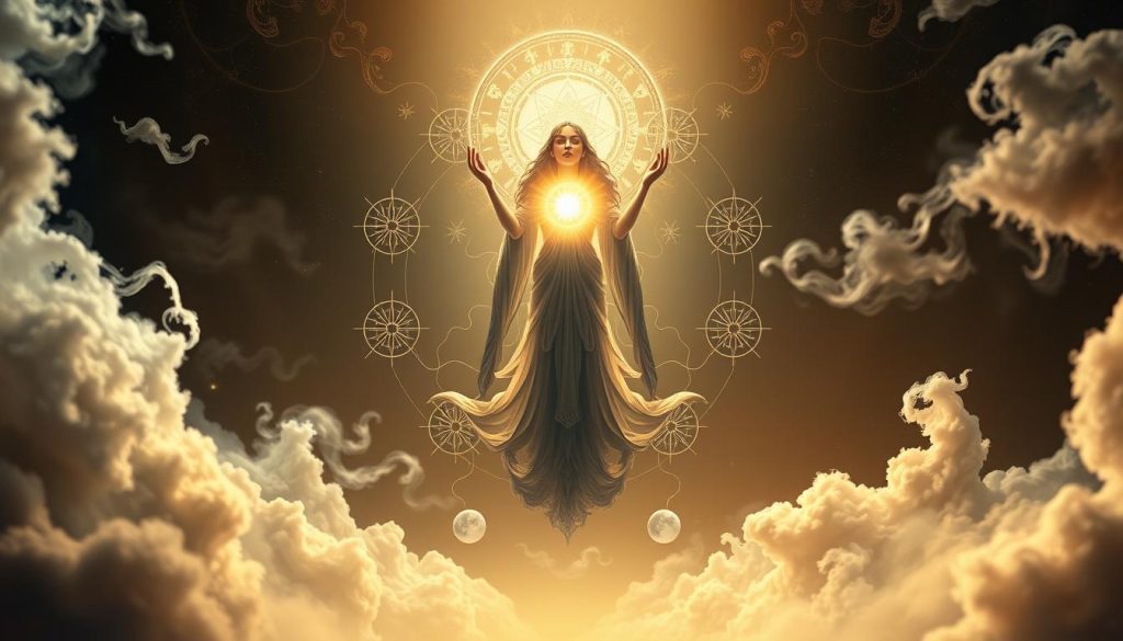 A mystical and introspective tarot card depicting the cosmic 'World' card floating in a serene, ethereal landscape. The central figure, a divine feminine entity, emanates a transcendent aura as she gracefully balances a glowing sphere in her outstretched hands. Intricate, symbolic patterns and celestial motifs surround her, creating a sense of harmony and interconnectedness. Soft, warm lighting filters through wispy clouds, casting a contemplative, almost meditative atmosphere. The composition is carefully balanced, guiding the viewer's gaze towards the central figure and encouraging deep reflection on the meaning and significance of this powerful tarot card. A mystical and introspective tarot card depicting the cosmic 'World' card floating in a serene, ethereal landscape. The central figure, a divine feminine entity, emanates a transcendent aura as she gracefully balances a glowing sphere in her outstretched hands. Intricate, symbolic patterns and celestial motifs surround her, creating a sense of harmony and interconnectedness. Soft, warm lighting filters through wispy clouds, casting a contemplative, almost meditative atmosphere. The composition is carefully balanced, guiding the viewer's gaze towards the central figure and encouraging deep reflection on the meaning and significance of this powerful tarot card.