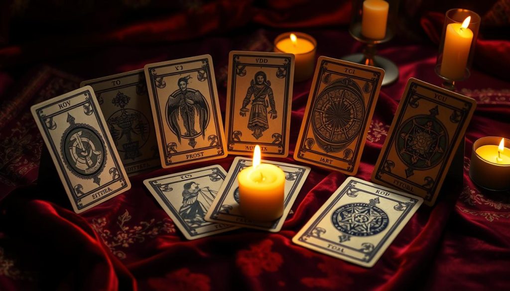 A mystical arrangement of Tarot cards, some upright and some inverted, resting on an ornate velvet cloth. Warm candlelight casts a soft, ethereal glow, creating a contemplative atmosphere. The cards' intricate designs and symbols are rendered with meticulous detail, their positions hinting at hidden meanings waiting to be unveiled. Shadows and highlights interplay, drawing the viewer's eye to the contrasting orientations of the cards, symbolizing the duality of interpretation in Tarot readings. A sense of ancient wisdom and occult knowledge permeates the scene, inviting the observer to ponder the significance of the upright and inverted cards.