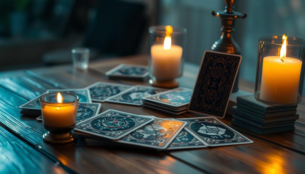A mystical collection of Tarot cards, expertly arranged on a wooden table. Soft, warm lighting from a candle casts a cozy glow, creating an intimate atmosphere for divination. The cards, adorned with intricate symbolism, appear to radiate an otherworldly energy, inviting the viewer to delve into the secrets of the ancient arcane arts. The foreground is focused on the cards themselves, while the background fades into a hazy, dreamlike realm, hinting at the unseen forces at work. This image captures the essence of the "Гра гадання так ні онлайн українською" experience, where the user can explore the wisdom of the Tarot and uncover insights into their own lives. A mystical collection of Tarot cards, expertly arranged on a wooden table. Soft, warm lighting from a candle casts a cozy glow, creating an intimate atmosphere for divination. The cards, adorned with intricate symbolism, appear to radiate an otherworldly energy, inviting the viewer to delve into the secrets of the ancient arcane arts. The foreground is focused on the cards themselves, while the background fades into a hazy, dreamlike realm, hinting at the unseen forces at work. This image captures the essence of the "Гра гадання так ні онлайн українською" experience, where the user can explore the wisdom of the Tarot and uncover insights into their own lives.