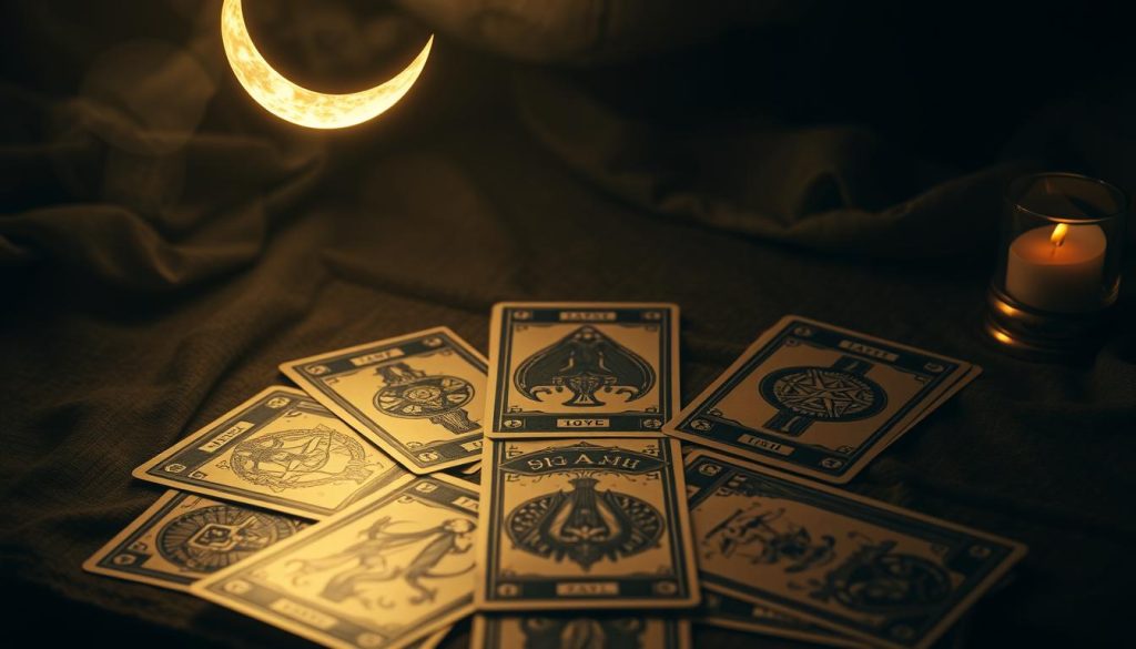A mystical combination of the ethereal moon and the arcane tarot cards, set against a serene and evocative backdrop. The crescent moon, bathed in a soft, ethereal glow, hovers above a spread of tarot cards, their intricate designs and symbolism casting a mesmerizing spell. The cards are arranged in a symbolic layout, each one imbued with its own unique meaning and influence. The scene is imbued with a sense of timelessness, as if the moon and the cards exist in a realm beyond the physical world. The lighting is subtle and atmospheric, creating a sense of mystery and wonder. The overall composition is balanced and harmonious, drawing the viewer into the captivating interplay between the celestial and the arcane. A mystical combination of the ethereal moon and the arcane tarot cards, set against a serene and evocative backdrop. The crescent moon, bathed in a soft, ethereal glow, hovers above a spread of tarot cards, their intricate designs and symbolism casting a mesmerizing spell. The cards are arranged in a symbolic layout, each one imbued with its own unique meaning and influence. The scene is imbued with a sense of timelessness, as if the moon and the cards exist in a realm beyond the physical world. The lighting is subtle and atmospheric, creating a sense of mystery and wonder. The overall composition is balanced and harmonious, drawing the viewer into the captivating interplay between the celestial and the arcane.
