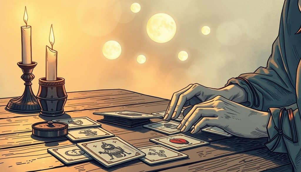 A mystical, hand-drawn illustration depicting a step-by-step guide to divination rituals. In the foreground, a pair of feminine hands perform a tarot reading, the cards scattered on a wooden table. Soft, flickering candlelight illuminates the scene, casting a warm, ethereal glow. In the middle ground, ethereal, moon-like orbs float, hinting at the celestial forces guiding the ritual. The background is shrouded in a veil of mist, suggesting a realm beyond the physical. The overall atmosphere is one of ancient wisdom, occult mystery, and the promise of unlocking the secrets of the future. A mystical, hand-drawn illustration depicting a step-by-step guide to divination rituals. In the foreground, a pair of feminine hands perform a tarot reading, the cards scattered on a wooden table. Soft, flickering candlelight illuminates the scene, casting a warm, ethereal glow. In the middle ground, ethereal, moon-like orbs float, hinting at the celestial forces guiding the ritual. The background is shrouded in a veil of mist, suggesting a realm beyond the physical. The overall atmosphere is one of ancient wisdom, occult mystery, and the promise of unlocking the secrets of the future.