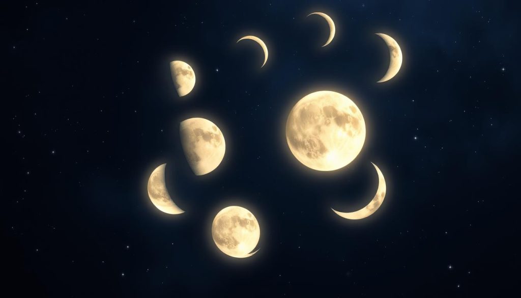 A mystical lunar calendar floating against a serene night sky, its phases depicted in intricate detail. Shimmering crescent moons, full spheres, and waning crescents are arranged in a captivating celestial dance, casting a soft, ethereal glow over the composition. The background is a deep indigo, dotted with twinkling stars that add depth and a sense of cosmic wonder. The overall mood is one of tranquility, spirituality, and a deep connection to the cycles of the moon. The image is rendered with a combination of realistic and fantastical elements, creating a visually striking and evocative representation of the lunar calendar and its phases. A mystical lunar calendar floating against a serene night sky, its phases depicted in intricate detail. Shimmering crescent moons, full spheres, and waning crescents are arranged in a captivating celestial dance, casting a soft, ethereal glow over the composition. The background is a deep indigo, dotted with twinkling stars that add depth and a sense of cosmic wonder. The overall mood is one of tranquility, spirituality, and a deep connection to the cycles of the moon. The image is rendered with a combination of realistic and fantastical elements, creating a visually striking and evocative representation of the lunar calendar and its phases.