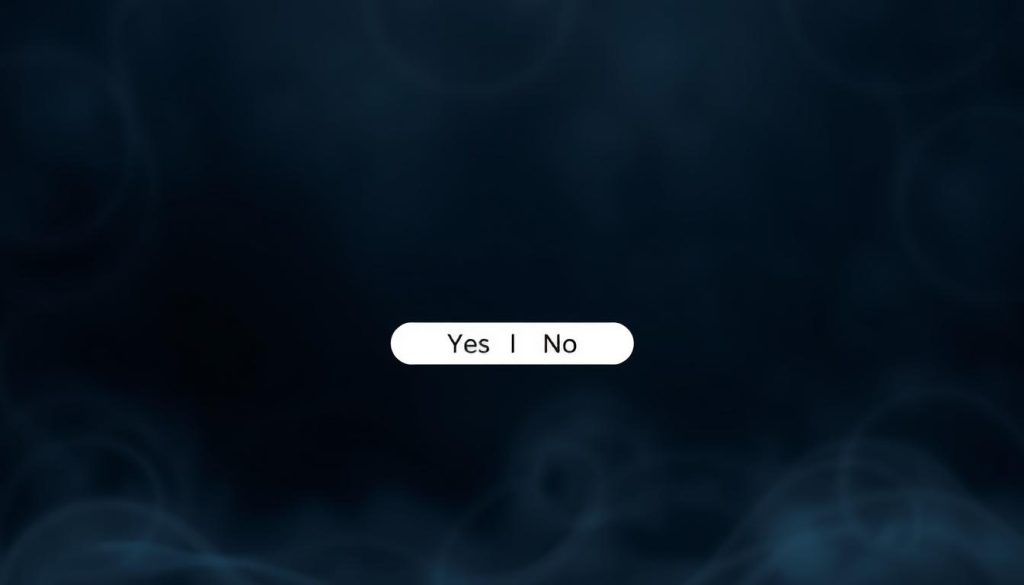 A mystical online divination experience. In the foreground, a minimalist web interface with a simple "Yes/No" button, hovering over a dark background with swirling ethereal patterns. Soft, diffused lighting creates an otherworldly ambiance. The composition emphasizes the mystical and introspective nature of this online tarot-like oracle, inviting the user to seek answers to their deepest questions. The overall aesthetic is clean, modern, and intuitive, with a touch of the occult. Subtle textures and hues evoke a sense of ancient wisdom and modern technology seamlessly converging. A mystical online divination experience. In the foreground, a minimalist web interface with a simple "Yes/No" button, hovering over a dark background with swirling ethereal patterns. Soft, diffused lighting creates an otherworldly ambiance. The composition emphasizes the mystical and introspective nature of this online tarot-like oracle, inviting the user to seek answers to their deepest questions. The overall aesthetic is clean, modern, and intuitive, with a touch of the occult. Subtle textures and hues evoke a sense of ancient wisdom and modern technology seamlessly converging.