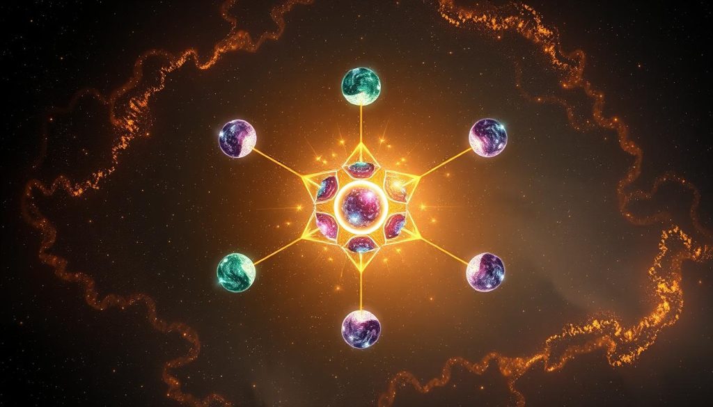A mystical starscape, the seven luminous orbs of the "Seven Stars" tarot card spread. In the center, a glowing cluster of celestial bodies, each radiating a unique hue - sapphire, emerald, amethyst. Surrounding them, a swirling galaxy of shimmering stardust, hazy and dreamlike. Soft, warm lighting casts a romantic glow, while a deep, inky blackness of the night sky stretches out behind, giving a sense of timeless, profound mystery. Subtle, ethereal wisps of energy interconnect the stars, visually conveying the intricate relationships and patterns of a love tarot reading. Elegant, mystical, and evocative of ancient divination.