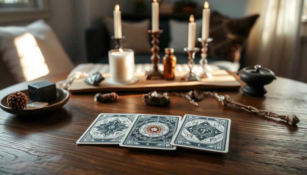 A mystical tarot card arrangement resting on a wooden table, illuminated by soft natural lighting. In the foreground, three tarot cards are delicately placed, their intricate designs and arcane symbols hinting at the hidden meanings of the "Tarot 3 Cards" spread. The middle ground features a minimal, elegant setup with candles, crystals, and other occult accoutrements, creating an atmosphere of divination and spiritual contemplation. The background depicts a cozy, ambient interior, with subtle textures and muted colors to establish a sense of tranquility and introspection, perfectly suited for exploring the insights of this particular tarot reading.