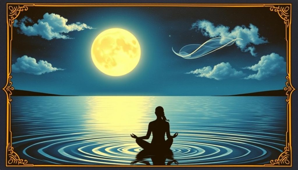 A mystical tarot card depicting the full moon in a night sky, glowing with an ethereal radiance. The moon's reflection ripples across a serene lake, its light casting a soft, otherworldly glow. In the foreground, a figure sits in a meditative pose, gazing up at the celestial orb, symbolizing the moon's profound influence on intuition, emotion, and the subconscious. Wispy clouds drift across the indigo heavens, adding an aura of mystery and the unknown. The composition is balanced and tranquil, capturing the moon's pivotal role in divination, dreams, and the ebb and flow of life. A mystical tarot card depicting the full moon in a night sky, glowing with an ethereal radiance. The moon's reflection ripples across a serene lake, its light casting a soft, otherworldly glow. In the foreground, a figure sits in a meditative pose, gazing up at the celestial orb, symbolizing the moon's profound influence on intuition, emotion, and the subconscious. Wispy clouds drift across the indigo heavens, adding an aura of mystery and the unknown. The composition is balanced and tranquil, capturing the moon's pivotal role in divination, dreams, and the ebb and flow of life.