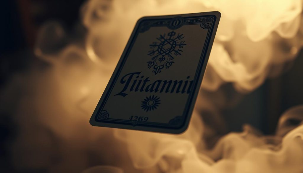 A mystical tarot card floating in a dimly lit, atmospheric environment. The card features the Ukrainian word "питання" (meaning "question") in elegant, calligraphic text, surrounded by esoteric symbols and divination elements. Soft, warm lighting illuminates the card, creating a sense of introspection and contemplation. The background is hazy, with subtle, swirling textures that evoke a sense of the spiritual and the unknown. The overall composition suggests the importance of thoughtful questioning and mindful preparation when engaging with the tarot.