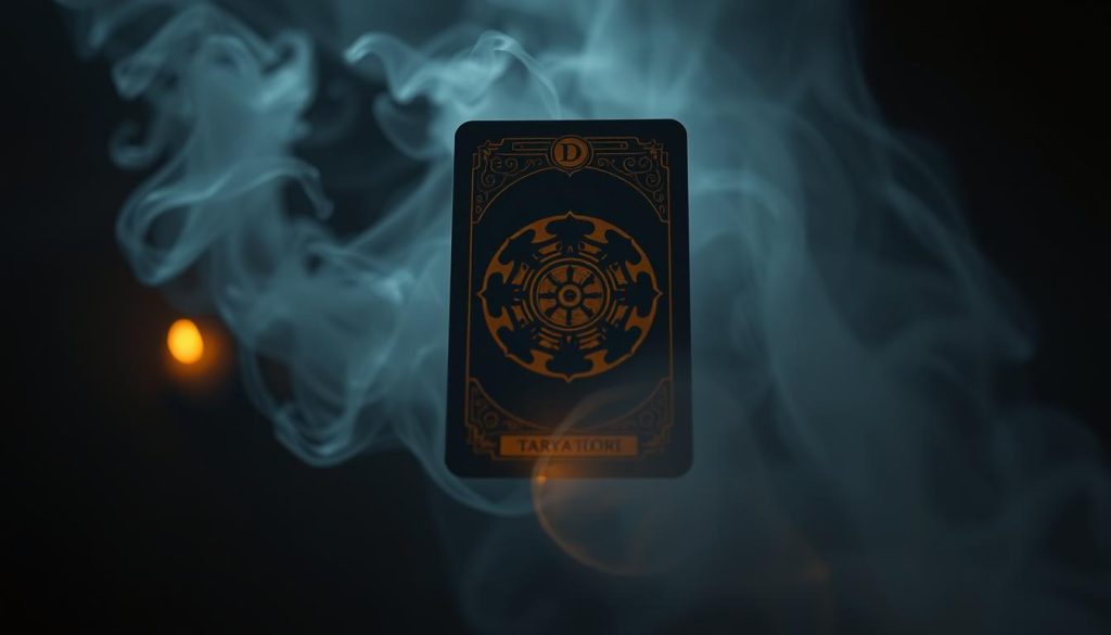 A mystical tarot card floating in a dimly lit, atmospheric setting. The card is prominently displayed, its intricate design and symbols illuminated by a warm, flickering light source. The background is hazy and dreamlike, with muted colors and a sense of depth and mystery. Wispy tendrils of smoke or energy emanate from the card, adding to the esoteric, divination-like ambiance. The overall scene conveys a sense of ancient wisdom, intuition, and the exploration of the unknown through online divination. A mystical tarot card floating in a dimly lit, atmospheric setting. The card is prominently displayed, its intricate design and symbols illuminated by a warm, flickering light source. The background is hazy and dreamlike, with muted colors and a sense of depth and mystery. Wispy tendrils of smoke or energy emanate from the card, adding to the esoteric, divination-like ambiance. The overall scene conveys a sense of ancient wisdom, intuition, and the exploration of the unknown through online divination.