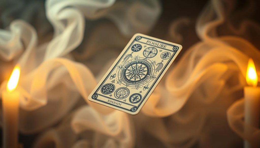 A mystical tarot card floating in the air, illuminated by soft, warm lighting from an unseen source. The card features intricate, hand-drawn illustrations in a vintage, occult style, depicting a variety of esoteric symbols and arcane imagery. The background is hazy and ethereal, with a swirling, dreamlike quality, suggesting a sense of divination and spiritual connection. The composition is balanced and visually striking, drawing the viewer's eye to the central tarot card and the enchanting atmosphere surrounding it. A mystical tarot card floating in the air, illuminated by soft, warm lighting from an unseen source. The card features intricate, hand-drawn illustrations in a vintage, occult style, depicting a variety of esoteric symbols and arcane imagery. The background is hazy and ethereal, with a swirling, dreamlike quality, suggesting a sense of divination and spiritual connection. The composition is balanced and visually striking, drawing the viewer's eye to the central tarot card and the enchanting atmosphere surrounding it.