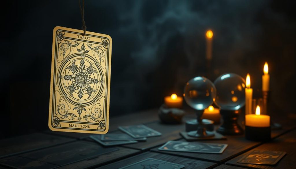 A mystical tarot card hovers in a dimly lit, atmospheric environment. The card features intricate symbolism, casting a soft, ethereal glow. The foreground is dominated by the tarot card, its edges illuminated by warm candlelight. In the middle ground, a wooden table with scattered tarot cards and a crystal ball adds to the mystical ambiance. The background is shrouded in shadows, creating a sense of depth and mystery. Flickering candles cast a gentle, golden light, evoking a sense of ancient wisdom and divination. The overall mood is one of contemplation, inviting the viewer to ponder the secrets of the tarot and the future it may reveal. A mystical tarot card hovers in a dimly lit, atmospheric environment. The card features intricate symbolism, casting a soft, ethereal glow. The foreground is dominated by the tarot card, its edges illuminated by warm candlelight. In the middle ground, a wooden table with scattered tarot cards and a crystal ball adds to the mystical ambiance. The background is shrouded in shadows, creating a sense of depth and mystery. Flickering candles cast a gentle, golden light, evoking a sense of ancient wisdom and divination. The overall mood is one of contemplation, inviting the viewer to ponder the secrets of the tarot and the future it may reveal.