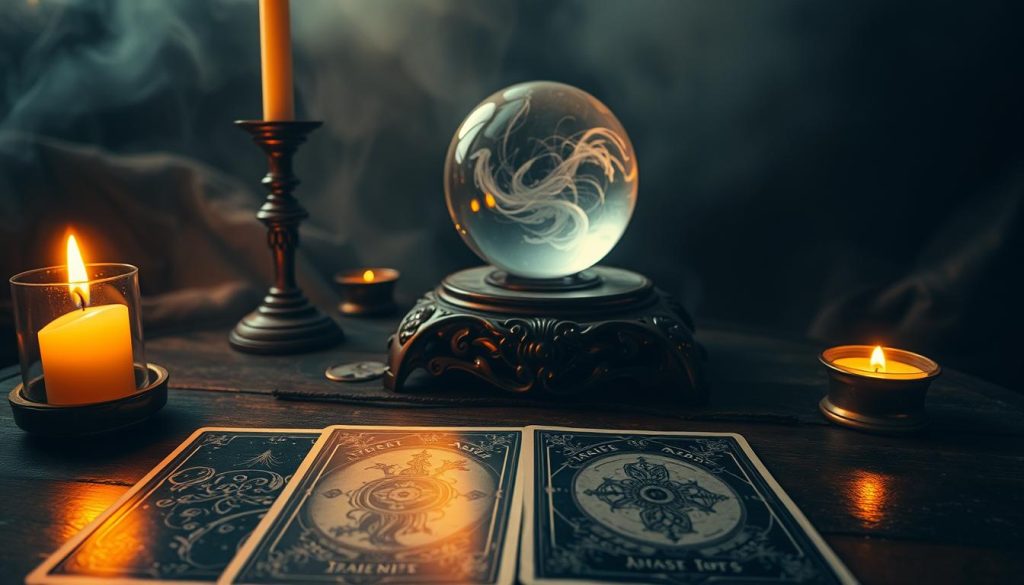 A mystical tarot card reader's workspace, bathed in warm, candlelit glow. In the foreground, a deck of tarot cards lies open, their intricate designs reflecting the flickering light. In the middle ground, a crystal ball rests on an ornate wooden table, its surface swirling with ethereal energy. The background is shrouded in a hazy, atmospheric mist, creating a sense of mysticism and the occult. The composition is balanced, with the tarot cards, crystal ball, and subtle lighting guiding the viewer's gaze. The overall mood is one of introspection, divination, and the exploration of the unseen realms.