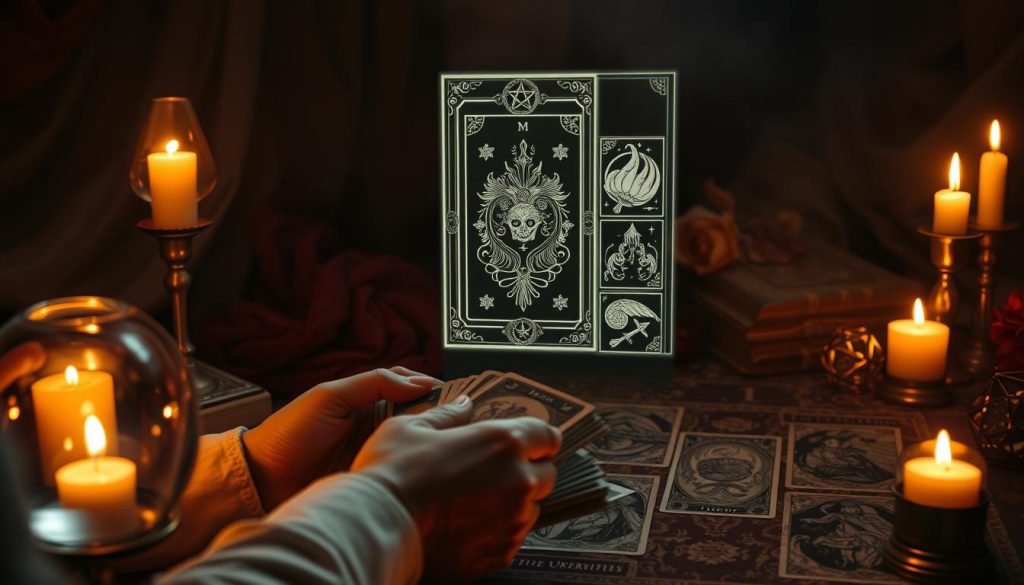 A mystical tarot card reading session in a serene, candlelit environment. The foreground features a reader's hands carefully shuffling a deck of ornate tarot cards, with a crystal ball and other esoteric accoutrements nearby. The middle ground showcases a holographic projection of a tarot spread, with the cards' intricate illustrations and symbols illuminated in a soft, ethereal glow. The background is shrouded in deep, atmospheric shadows, creating a sense of mystery and the unknown. Warm, ambient lighting casts a cozy, intimate vibe, as if inviting the viewer to step into this private, otherworldly moment of divination.