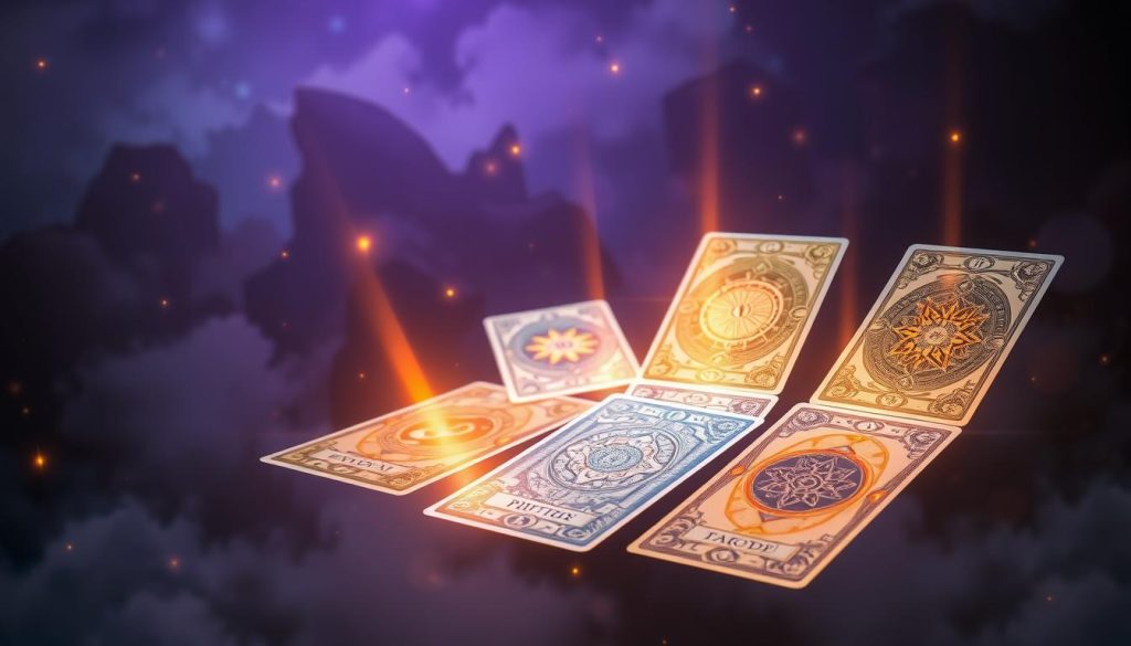 A mystical tarot card spread floats in the air, its intricate designs and symbols glowing with a soft, otherworldly radiance. In the background, a rich, moody atmosphere of deep purples and blues sets the tone, hinting at the profound insights the cards hold. The cards themselves are rendered with meticulous detail, each one a portal to hidden truths. Beams of warm, ethereal light emanate from the cards, casting an enchanting glow on the scene. The overall composition conveys a sense of anticipation and the promise of immediate, intuitive guidance from the ancient art of tarot.