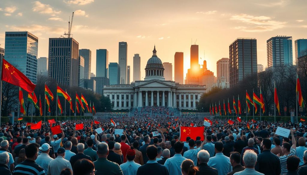 A panoramic scene of historical events unfolding on January 11th, 2026. In the foreground, a vibrant crowd gathers, waving flags and banners to celebrate a national holiday. The middle ground features a stately government building, its architecture a blend of modern and traditional elements. In the background, the skyline is dotted with towering skyscrapers, their glass facades reflecting the warm glow of the afternoon sun. The atmosphere is one of pride, unity, and a sense of progress, capturing the essence of this significant day in the country's history.