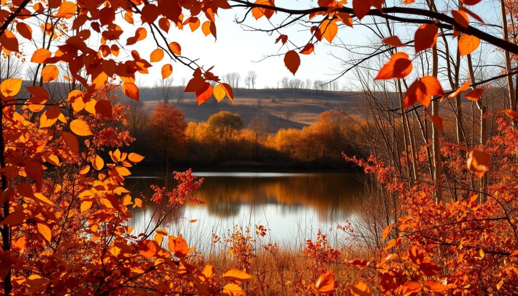 A picturesque autumn landscape showcasing the unique features of November. In the foreground, a vibrant array of falling leaves in shades of gold, orange, and crimson, gently swirling in the cool breeze. In the middle ground, a tranquil pond reflects the changing hues of the surrounding trees, creating a serene mirrored effect. In the background, a rolling hills dotted with bare-branched deciduous trees, hinting at the onset of winter. The scene is bathed in a warm, golden light, creating a cozy, contemplative atmosphere. Subtle visual cues like the angle of the sun, the shadows, and the overall muted color palette evoke the particular character of this transitional time of year.