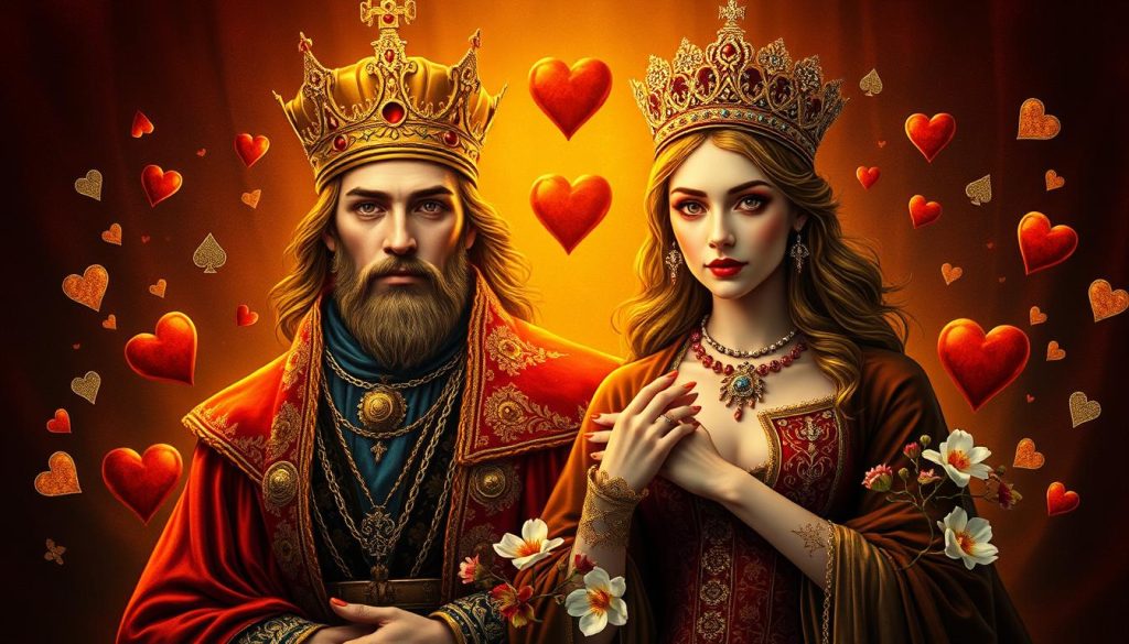 A regal king and queen of hearts stand tall, their ornate crowns shimmering under a warm, golden light. The king's penetrating gaze commands attention, while the queen's serene expression radiates grace and elegance. The playing card suits swirl around them, creating a mesmerizing visual tapestry. The scene is set against a rich, velvet-like background, hinting at the mysteries and divination associated with tarot and fortune-telling. Delicate floral accents and a hint of mysticism infuse the composition, inviting the viewer to ponder the insight and revelations that may be unveiled. A regal king and queen of hearts stand tall, their ornate crowns shimmering under a warm, golden light. The king's penetrating gaze commands attention, while the queen's serene expression radiates grace and elegance. The playing card suits swirl around them, creating a mesmerizing visual tapestry. The scene is set against a rich, velvet-like background, hinting at the mysteries and divination associated with tarot and fortune-telling. Delicate floral accents and a hint of mysticism infuse the composition, inviting the viewer to ponder the insight and revelations that may be unveiled.